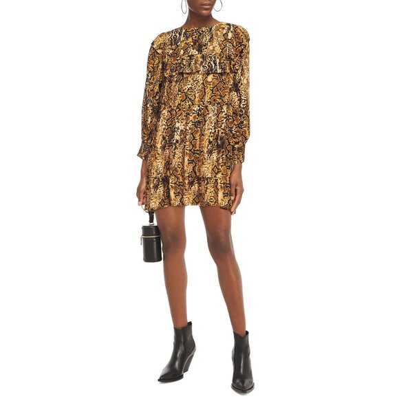 ba&sh Womens SYM Dress Ochre Snake Print Ruffle Swing Smocked Cuffs size 10 - Picture 1 of 16